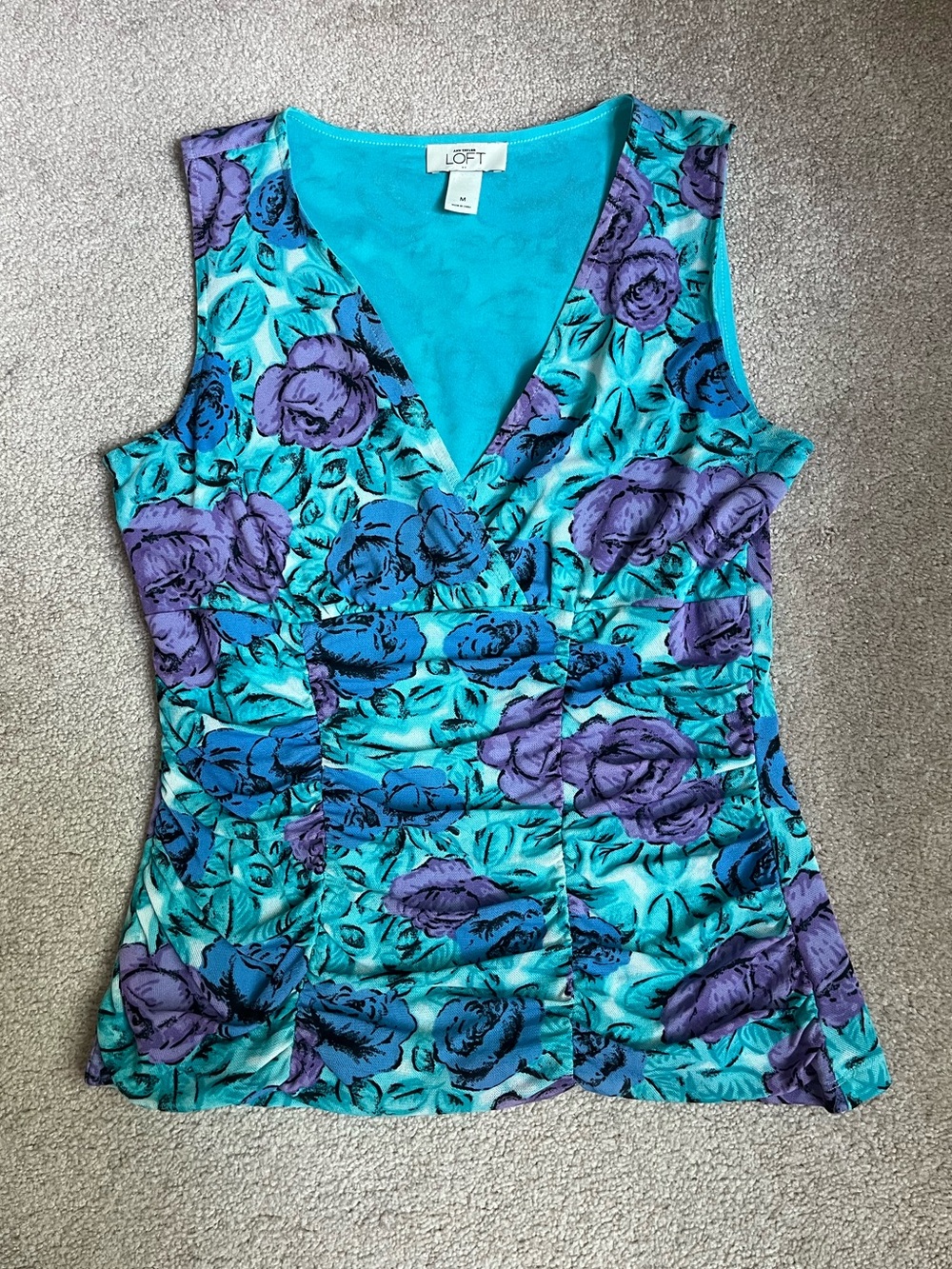 Ann Taylor LOFT Teal & Purple Floral V-Neck Sleeveless Top size M Y2K Going out